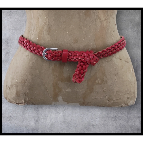 J. Crew Genuine Leather Braided Weave Belt Adjustable Buckle Medium Large Red - Picture 3 of 6